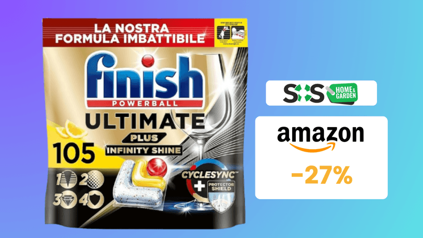 Immagine di 105 pastiglie Finish Ultimate Plus a 27€: pulizia e lucentezza!