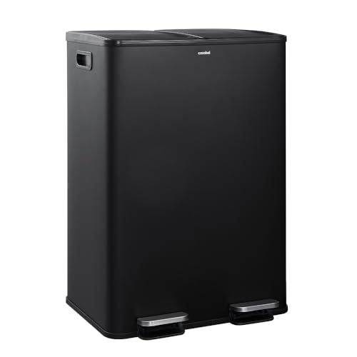 CASABEL Pattumiera per Raccolta Selettiva 60L - 2 x 30 Litri, Doppi Scomparti 2x30L, Acciaio Inox Spazzolato, Pattumiera Rettangolare con Pedali, Anti Tracce, Anti Odori, Azienda Francese