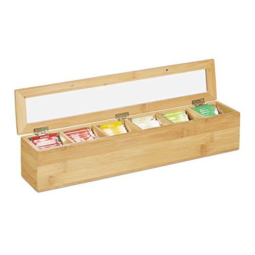 Relaxdays Scatola Porta tè e Tisane, 6 Scomparti,72 Bustine,Organizer con Coperchio,Salva-Aroma,9x44x9 cm,Legno Naturale, Plastica