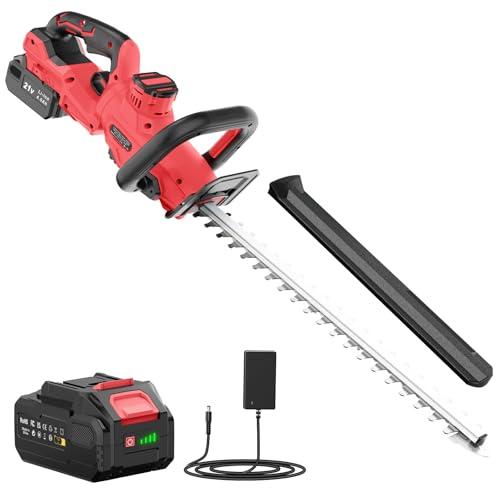 Tagliasiepi a Batteria 21V, Tagliasiepi Elettrico con 4.0Ah Batteria, 180° Regolabile Tagliasiepi, 51cm Lunghezza Lama, 16mm Distanza tra i Denti, Copri Lama per Siepi, Rami, Arbusti, Ramoscelli