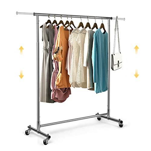 VOWNER Appendiabiti, Appendiabiti con Ruote, Appendiabiti da Terra, Stand Appendiabiti, Regolabile in Altezza e Lunghezza-132 x 40 x 170 cm-Girevole a 360° Metallo Cromato Portata 100 kg