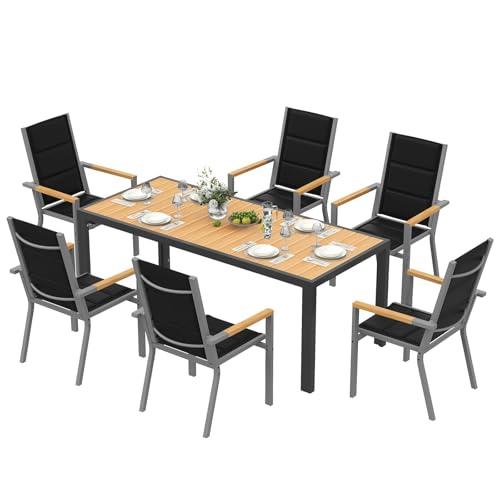 Devoko Set di Arredo da Giardino 4 Persone, Set di Tavolo 150 cm Design a Vena di Legno e 4 Sedie Impilabili da Esterno in Alluminio, Ideale per Cortile, Terrazza o Ai Margini della Piscina