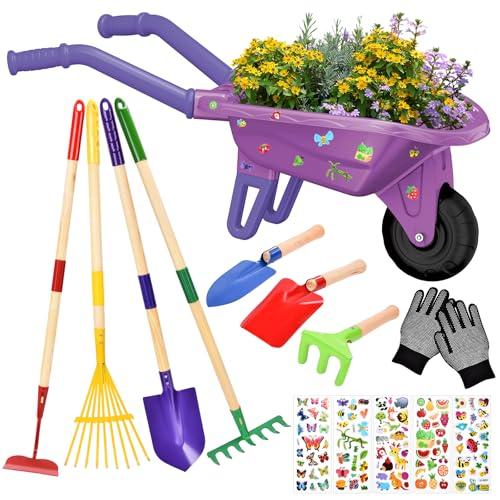 JONRRYIN Carriola per Bambini, Set Giardinaggio Bambini con Guanti, Vanga e Rastrello, Carriola da Giardino per Esterni, Giochi Educativi Bambini