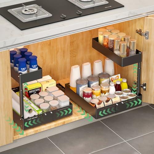 KUOGAS Organizer Sottolavello Cucina Regolabile in Metallo – Sistema Estraibile e Altezza Regolabile, Organizzatore Universale per Lavello in Cucina e Bagno con Porta Detersivi Salvaspazio