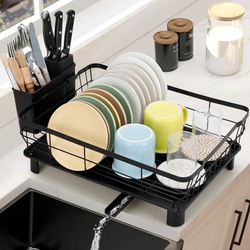 Cozary Kitchen Worktop Space Saving Dish Drainer with Utensil Holder, Kitchen Dish Drainer with Drainer, Black