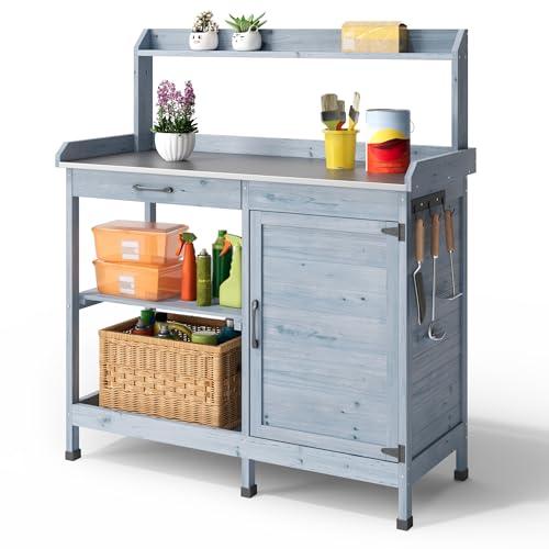 Blishom Tavolo da Giardinaggio in Legno Massello con Piano Lavoro, Ripiano Regolabile e Armadietto - Banco Multifunzionale per Giardino, Balcone, Terrazzo 112x46x125 cm Natural