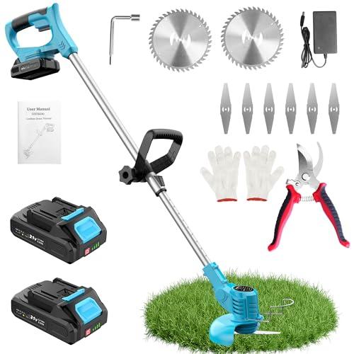 Decespugliatore a Batteria 21V, Tagliabordi a Batteria con 2 Batterie 2,0Ah, 2 Tipi di Lame in Metallo Tagliaerba Elettrico, Forbici Potatura, Angolazione Regolabili per Giardino Potatura (Blu)