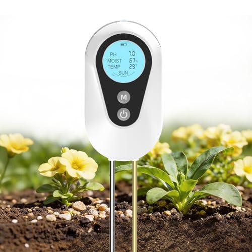 BURMONG Misuratore PH Terreno 4 in 1, Igrometro Piante con Umidità/pH/Temperatura/Luce Solare, Sensore Umidità Terreno per Giardinaggio,Prato,Agricoltura,Piante da Esterno