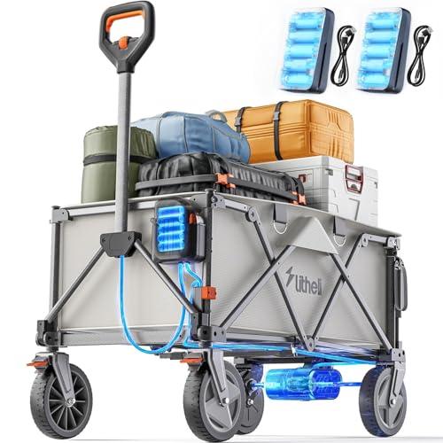 Litheli Carrello elettrico pieghevole, pieghevole, con freni, portata 200 l, 60 kg, adatto per campeggio, giardino, shopping (2 Batterie Nuove)
