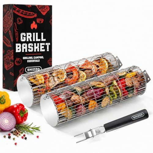 Cestino da Griglia Rotante, Nuovo Design di Apertura, Cestino da Griglia Extra Robusto a Cilindro, Acciaio Inox di Qualità Alimentare, Grande Accessorio Portatile per Campeggio all'aperto, Griglia per